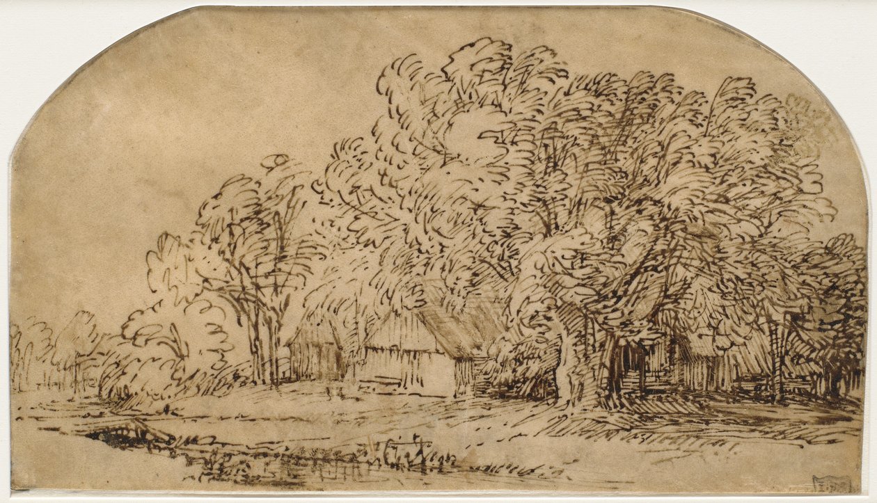 Landskab med hytter under høje træer ("The Puff of Wind") af Rembrandt van Rijn