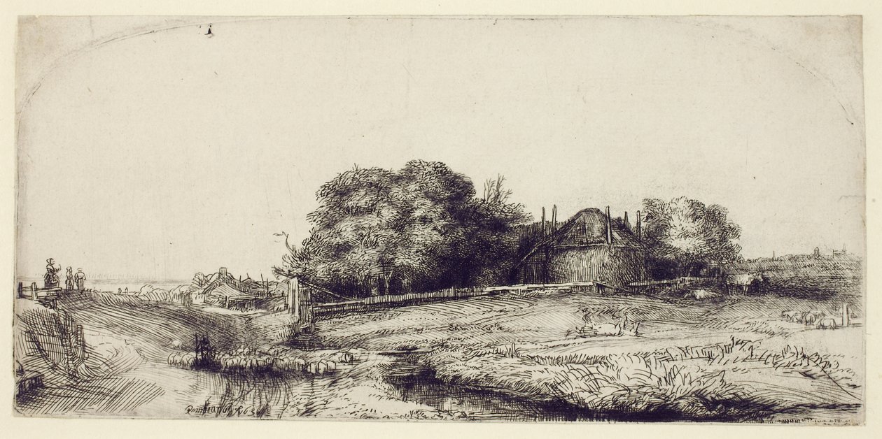 Landskab med hølade og en flok får, ca. 1652 (ætsning og tørnål på papir) af Rembrandt van Rijn