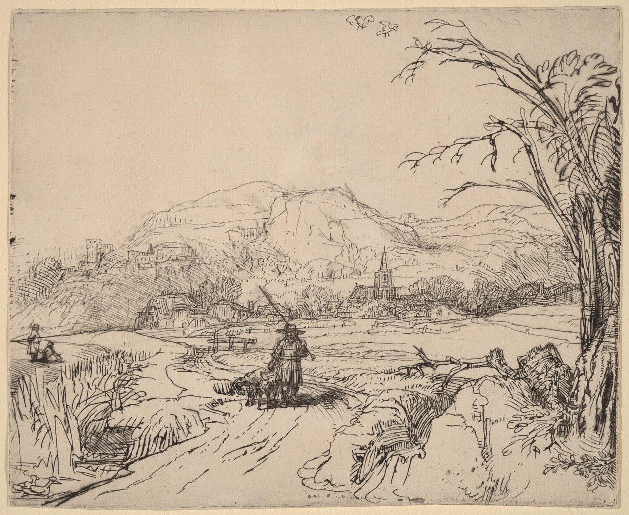 Landskab med jæger og hund af Rembrandt van Rijn
