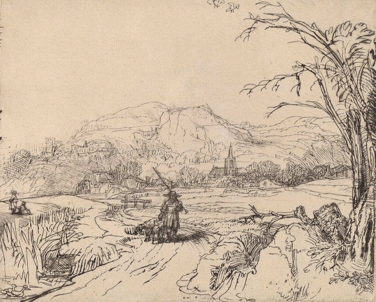 Landskab med sportsmand og hund, ca. 1653. af Rembrandt van Rijn