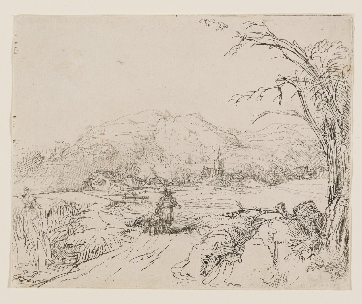 Landskab med jæger og hunde af Rembrandt van Rijn