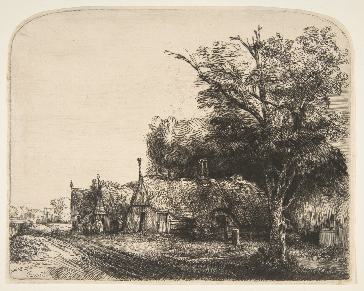 Landskab med tre gavlhuse ved siden af en vej, 1650. af Rembrandt van Rijn
