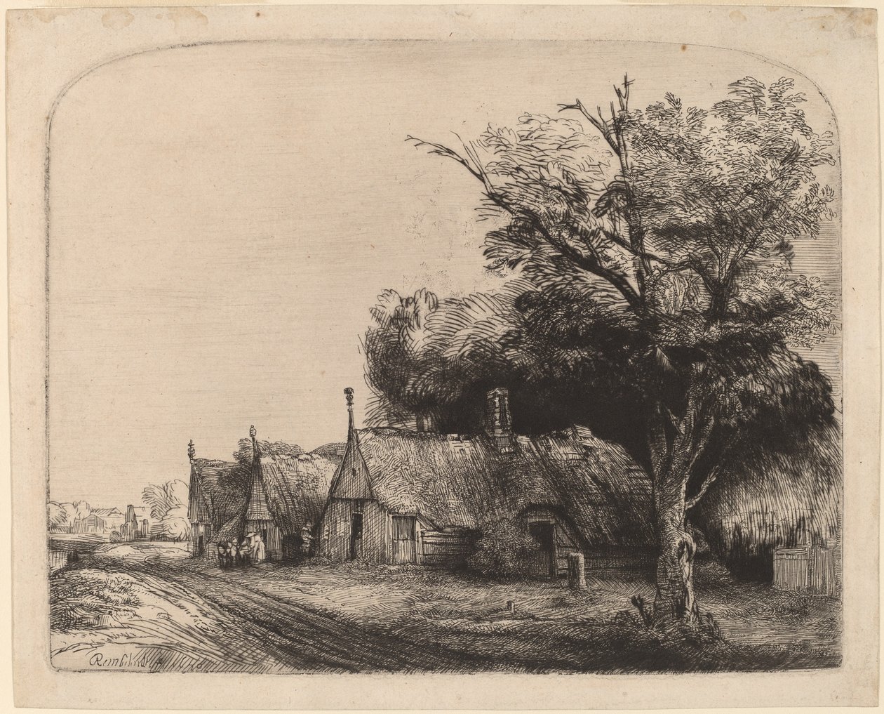 Landskab med tre gavlhytter ved siden af en vej af Rembrandt van Rijn