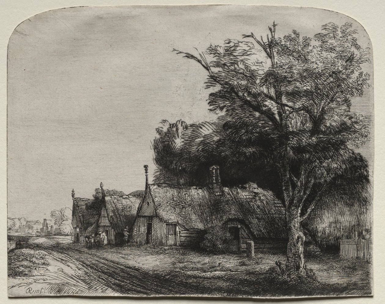 Landskab med tre gavlhytter ved siden af en vej af Rembrandt van Rijn
