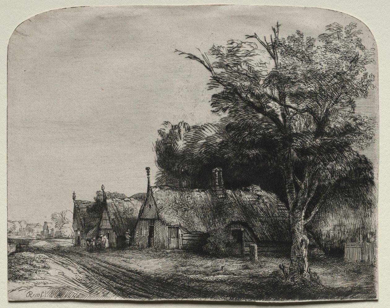 Landskab med tre gavlhuse ved siden af en vej, 1650. af Rembrandt van Rijn