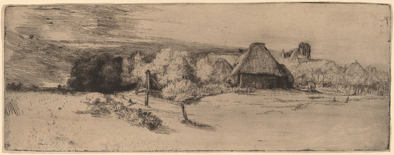 Landskab med træer, landbrugsbygninger og et tårn af Rembrandt van Rijn