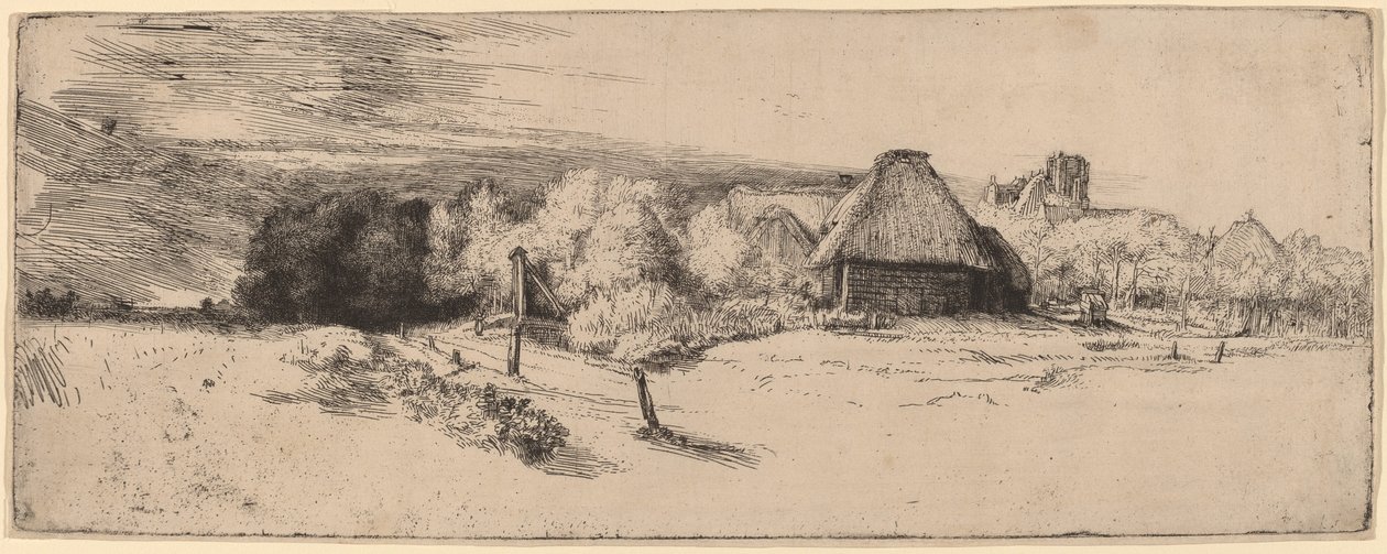 Landskab med træer, landbrugsbygninger og et tårn af Rembrandt van Rijn