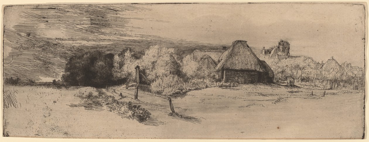 Landskab med træer, landbrugsbygninger og et tårn af Rembrandt van Rijn