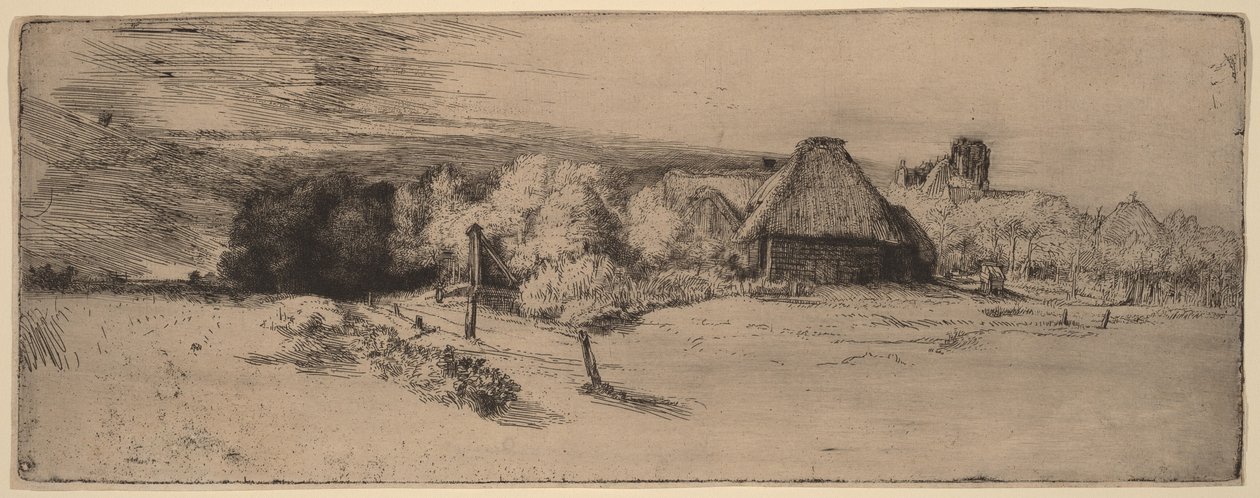 Landskab med træer, landbrugsbygninger og et tårn af Rembrandt van Rijn