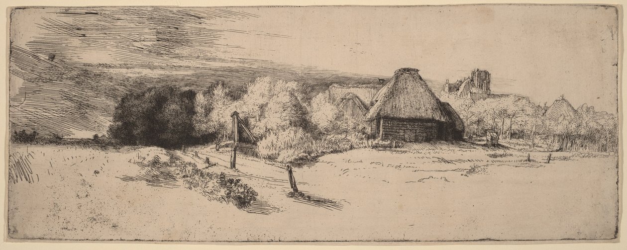 Landskab med træer, landbrugsbygninger og et tårn af Rembrandt van Rijn