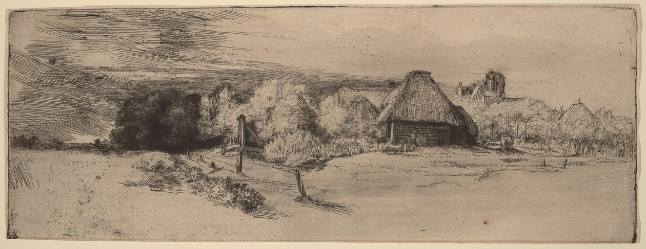 Landskab med træer, landbrugsbygninger og et tårn af Rembrandt van Rijn