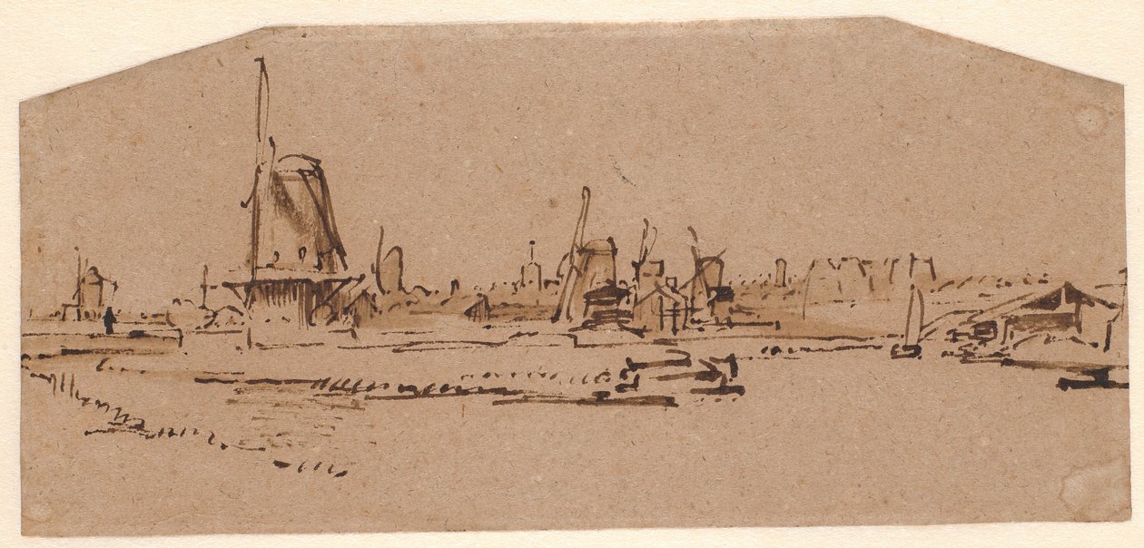Landskab med vindmøller på en kanal vest for Amsterdam af Rembrandt van Rijn