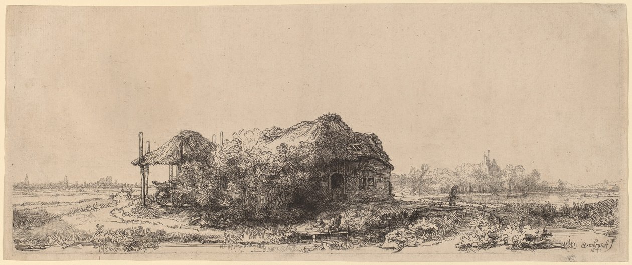 Landskab med hytte og hølade: Aflangt af Rembrandt van Rijn