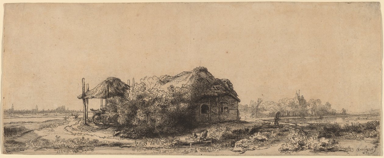 Landskab med hytte og hølade: Aflang af Rembrandt van Rijn