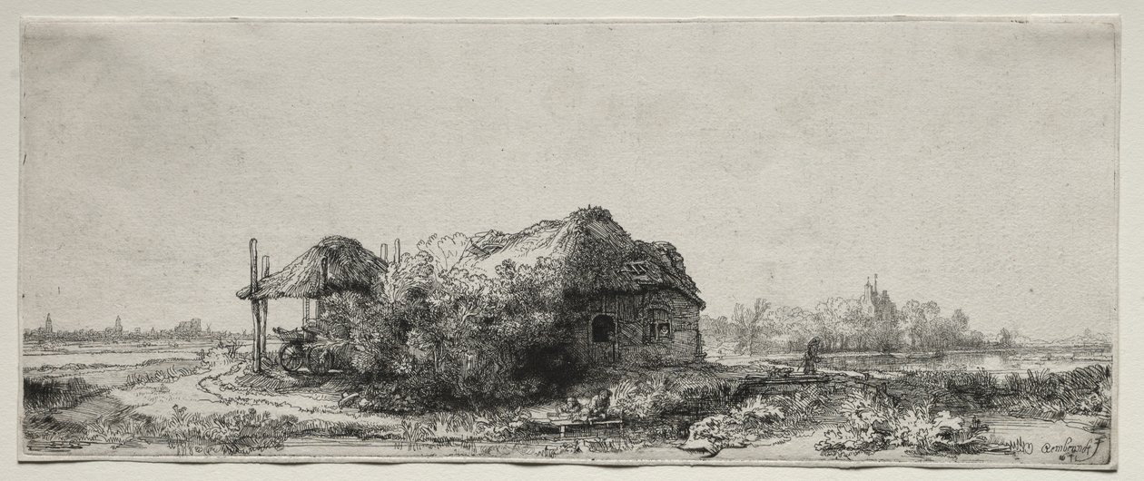 Landskab med hytte og hølade: Aflangt af Rembrandt van Rijn