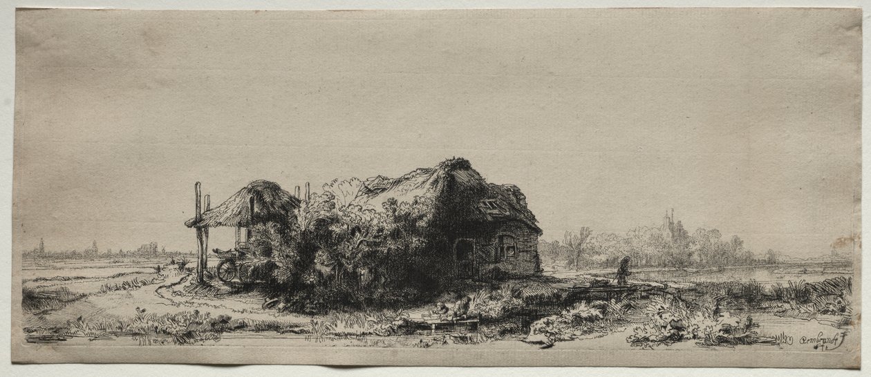 Landskab med hytte og hølade: Aflangt af Rembrandt van Rijn