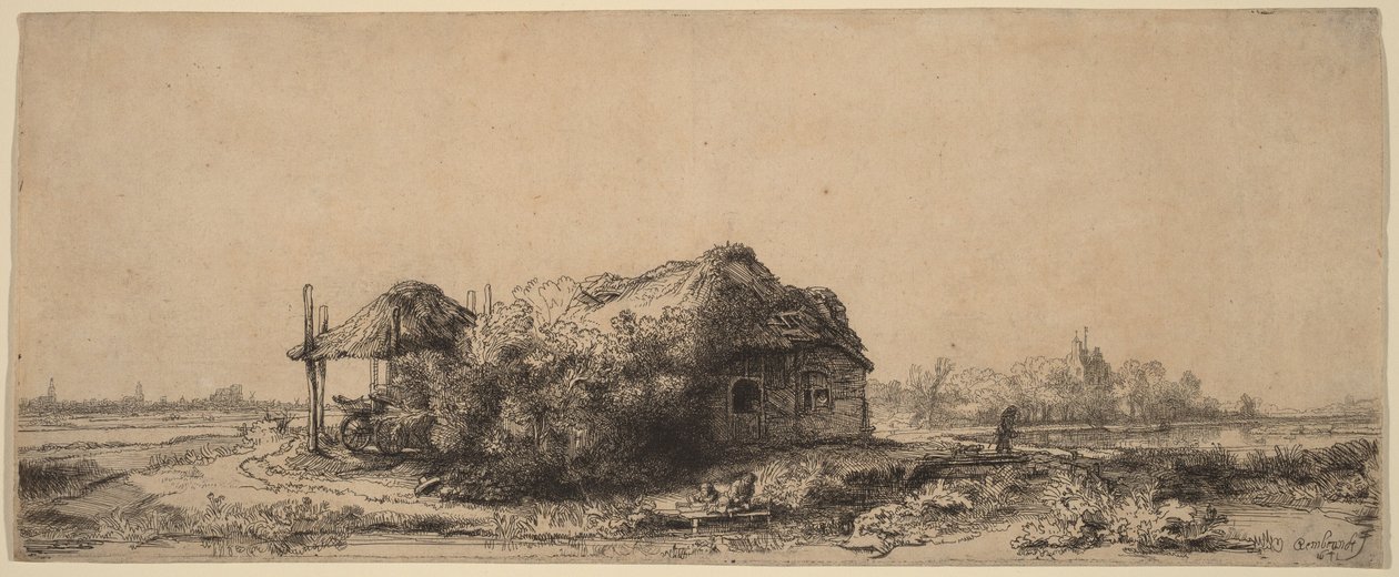 Landskab med en hytte og en høstak: Aflang af Rembrandt van Rijn