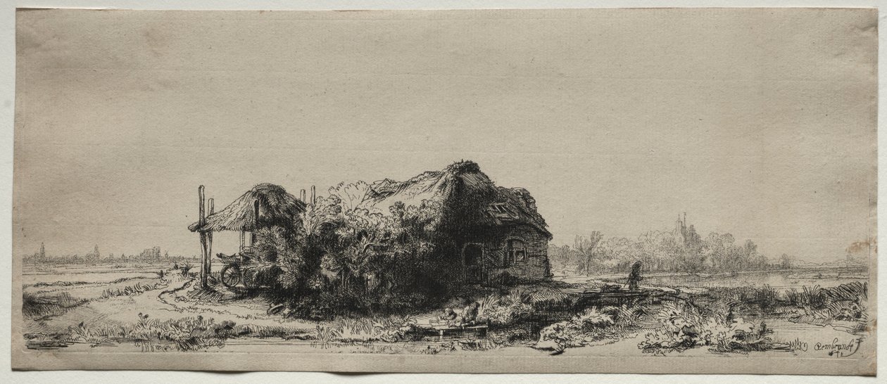 Landskab med hytte og hølade: Aflang, 1641. af Rembrandt van Rijn