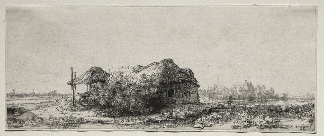 Landskab med hytte og hølade: Aflang, 1641. af Rembrandt van Rijn