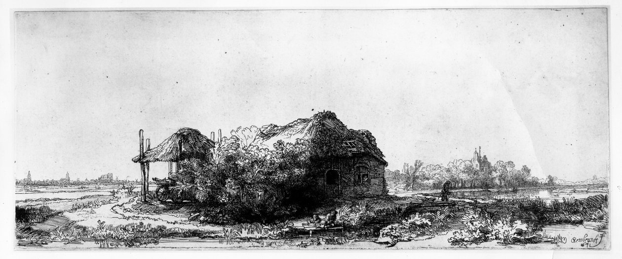 Landskab med et sommerhus og Haybarn, ætset af James Bretherton af Rembrandt van Rijn