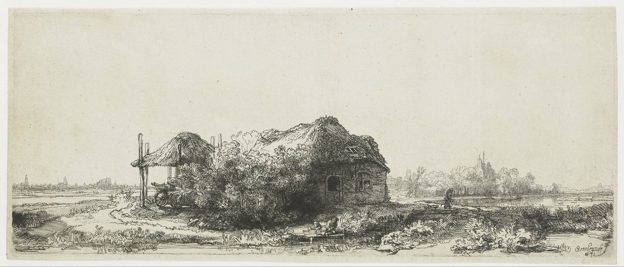 Landskab med et sommerhus og en hølade Landskab med sommerhuse og hølade: aflang af Rembrandt van Rijn