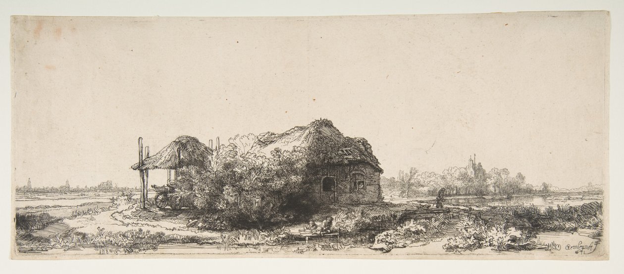 Landskab med et sommerhus og en hølade, 1641. af Rembrandt van Rijn