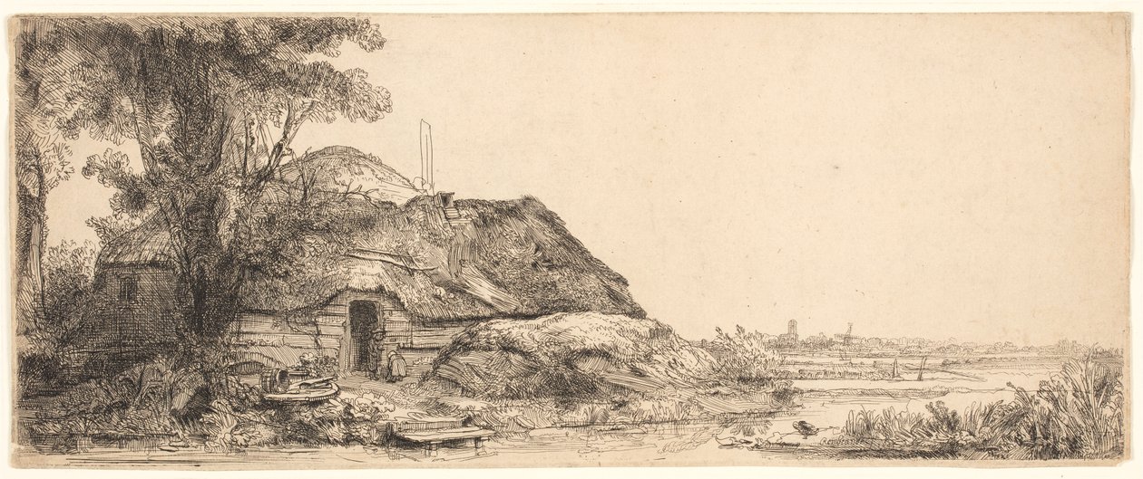 Landskab med et sommerhus og et stort træ af Rembrandt van Rijn