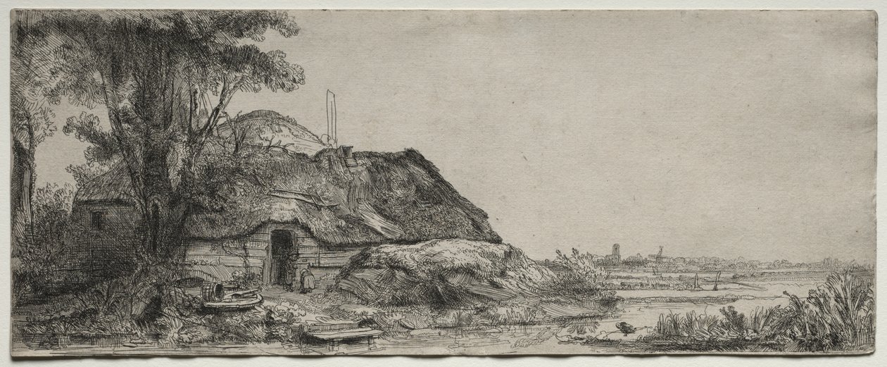 Landskab med et sommerhus og et stort træ af Rembrandt van Rijn