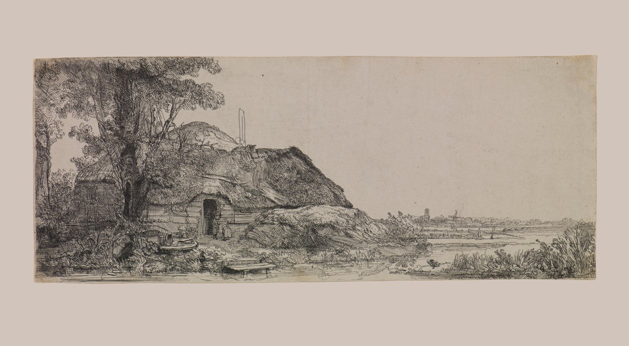 Landskab med et sommerhus og et stort træ af Rembrandt van Rijn