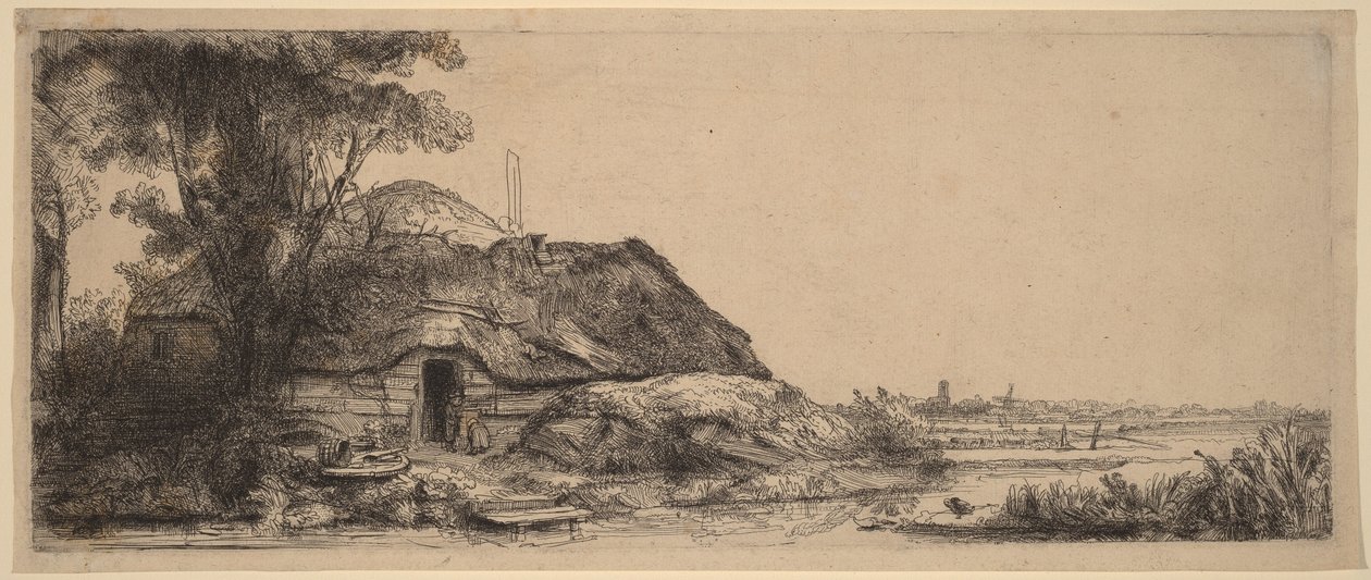 Landskab med en hytte og et stort træ af Rembrandt van Rijn