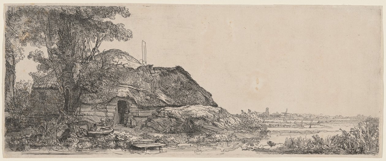 Landskab med en hytte og et stort træ af Rembrandt van Rijn