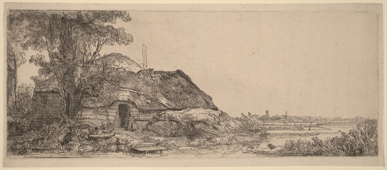 Landskab med en hytte og et stort træ af Rembrandt van Rijn