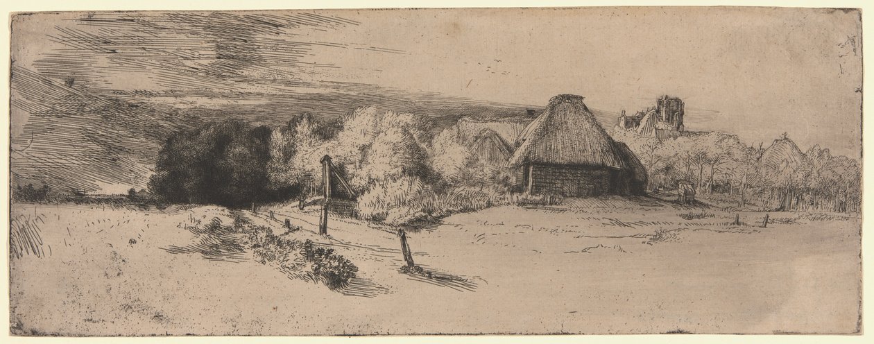 Landskab med en gårdbygning og "Huset med tårnet" af Rembrandt van Rijn