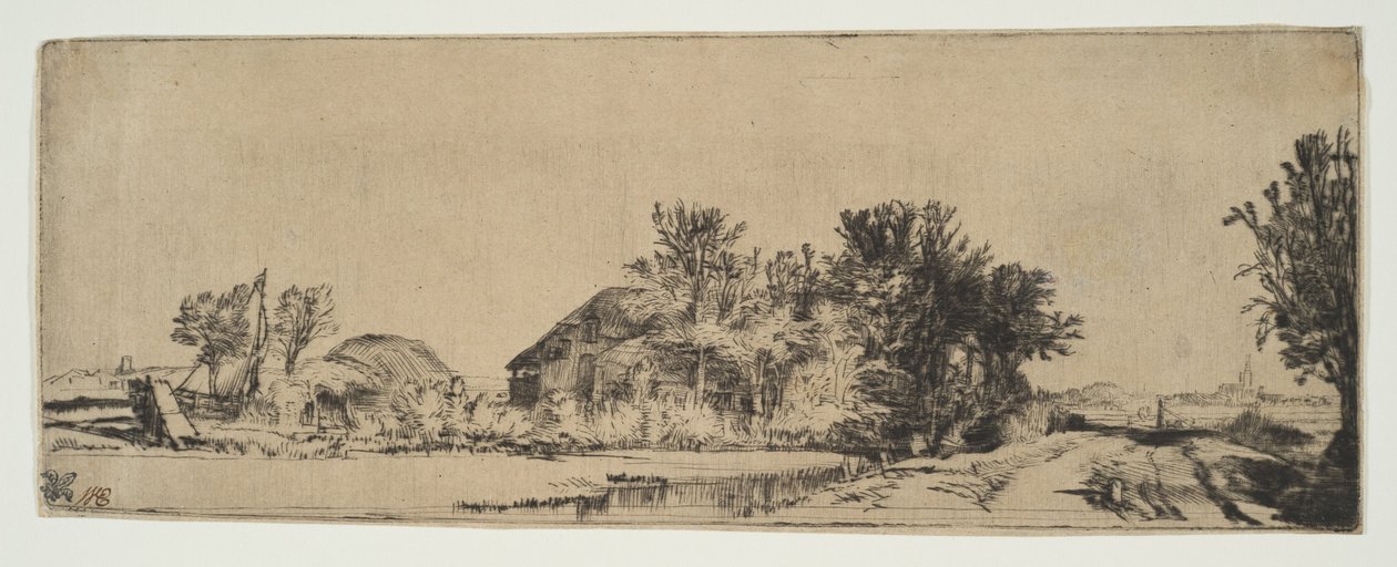 Landskab med et bondehus langs en vej ved siden af en kanal, ca. 1652. af Rembrandt van Rijn