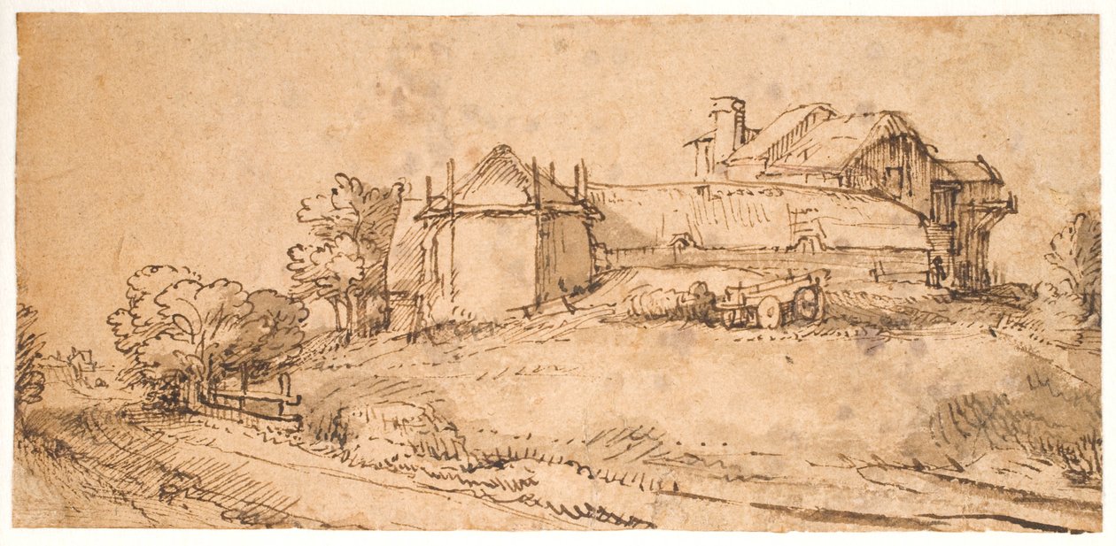 Landskab med et bondehus og en hølade af Rembrandt van Rijn