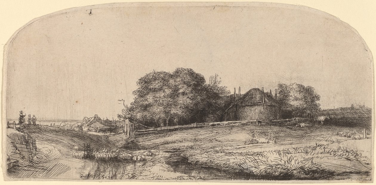 Landskab med en hølade og en flok får af Rembrandt van Rijn