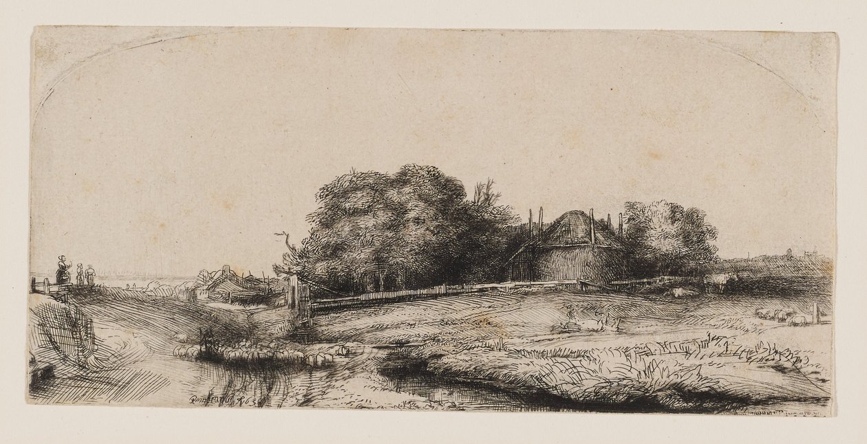 Landskab med en høstak og en flok får af Rembrandt van Rijn