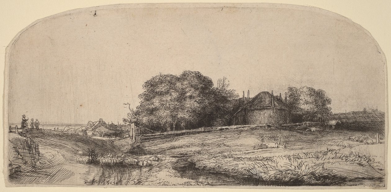 Landskab med en høstak og en flok får af Rembrandt van Rijn