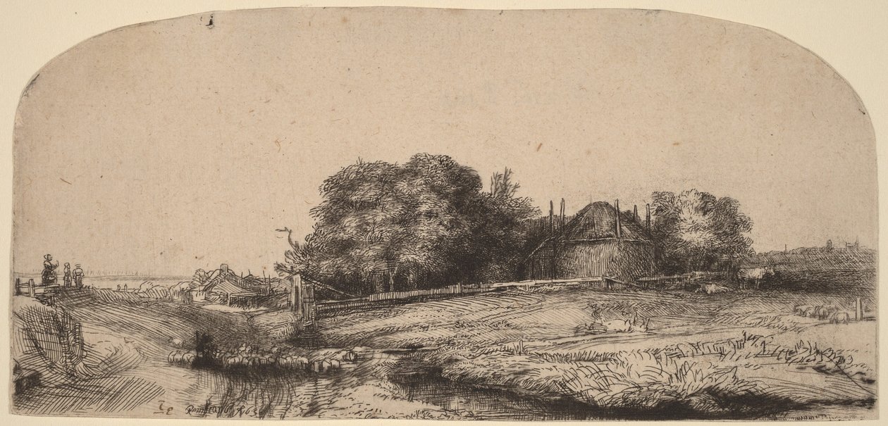 Landskab med en høstak og en flok får af Rembrandt van Rijn