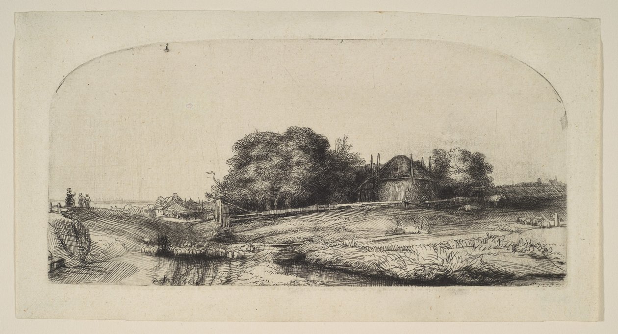 Landskab med en hølade og en flok får, 1652. af Rembrandt van Rijn