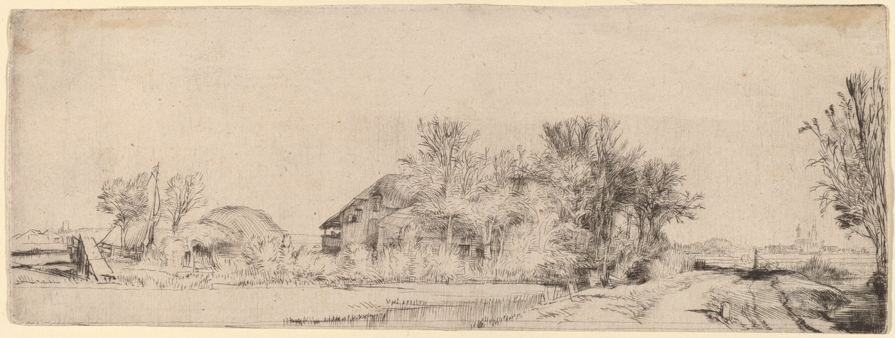 Landskab med en vej ved siden af en kanal af Rembrandt van Rijn