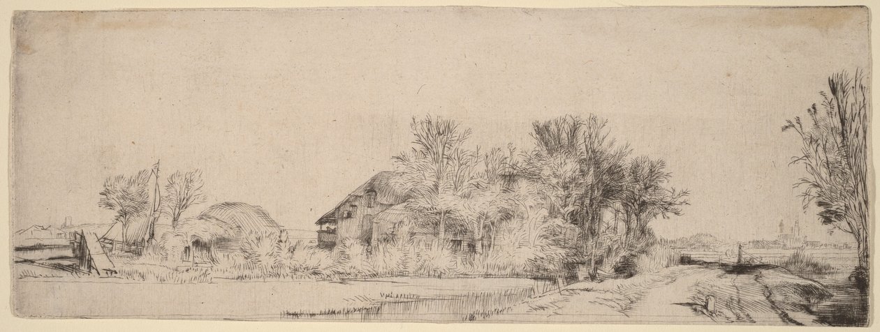 Landskab med en vej langs en kanal af Rembrandt van Rijn