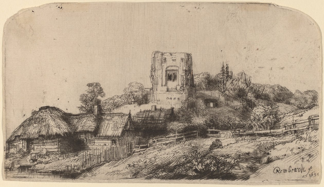 Landskab med et firkantet tårn af Rembrandt van Rijn