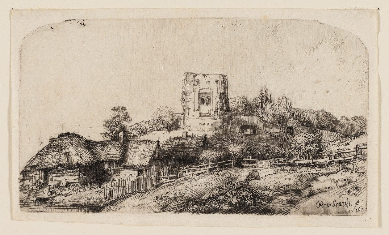 Landskab med et firkantet tårn af Rembrandt van Rijn