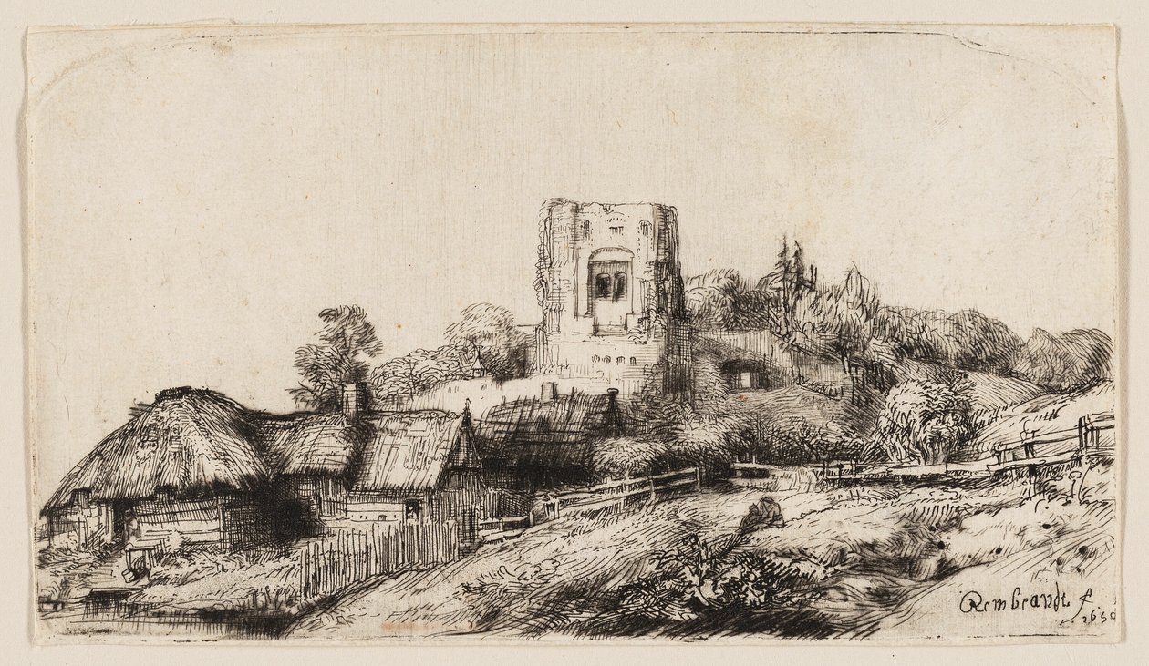 Landskab med et firkantet tårn af Rembrandt van Rijn