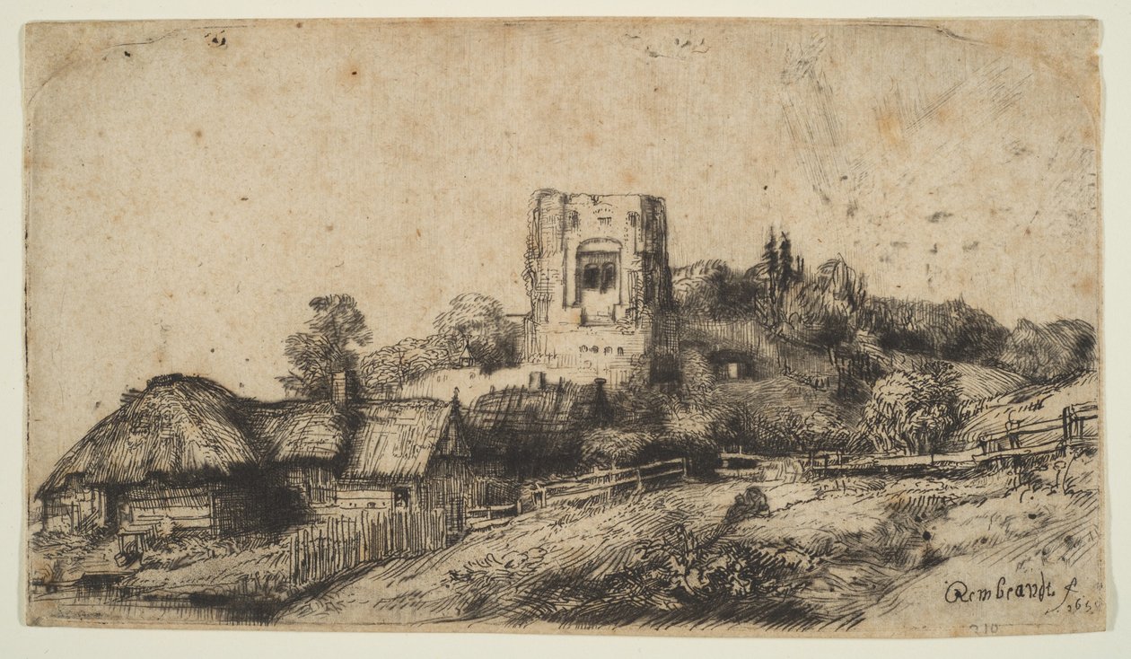 Landskab med et firkantet tårn, 1650. af Rembrandt van Rijn