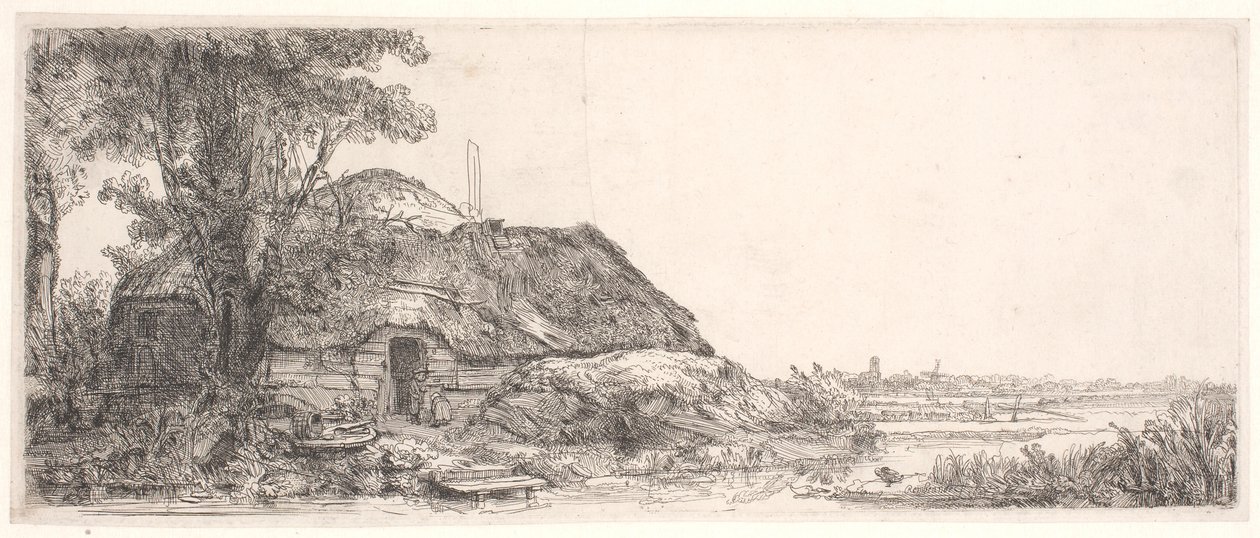 Landskab med et sommerhus og et stort træ af Rembrandt van Rijn