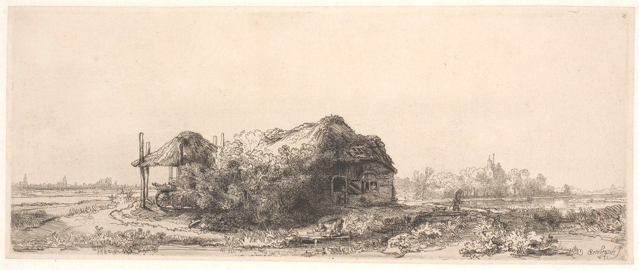 Landskab med en hytte og en høstak: aflang af Rembrandt van Rijn
