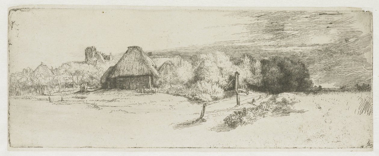Landskab med en landbrugsbygning og »huset med tårnet« af Rembrandt van Rijn
