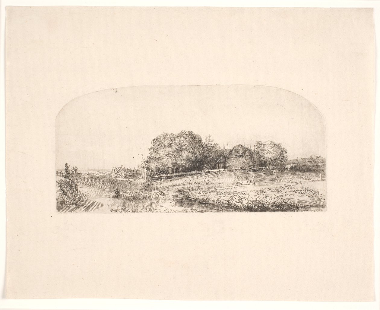 Landskab med en høstak og en flok får af Rembrandt van Rijn